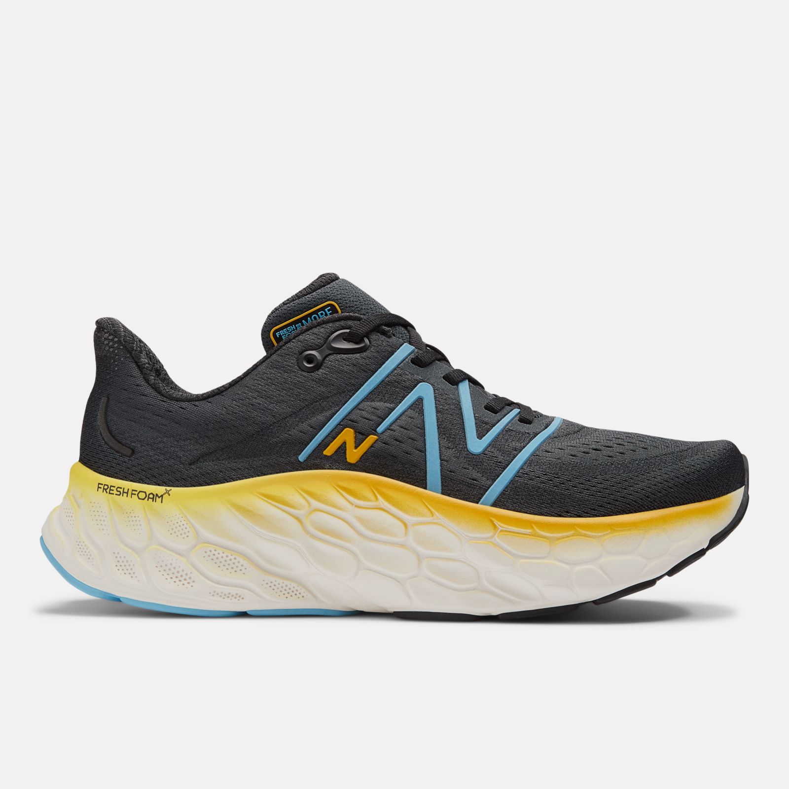 New Balance Fresh Foam X More v4, Black/Coastal Blue/Ginger Lemon, swatch